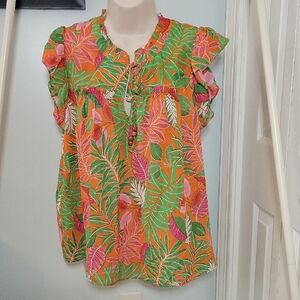 Rose & Olive Tropical Floral Ruffle Sleeve Blouse Large